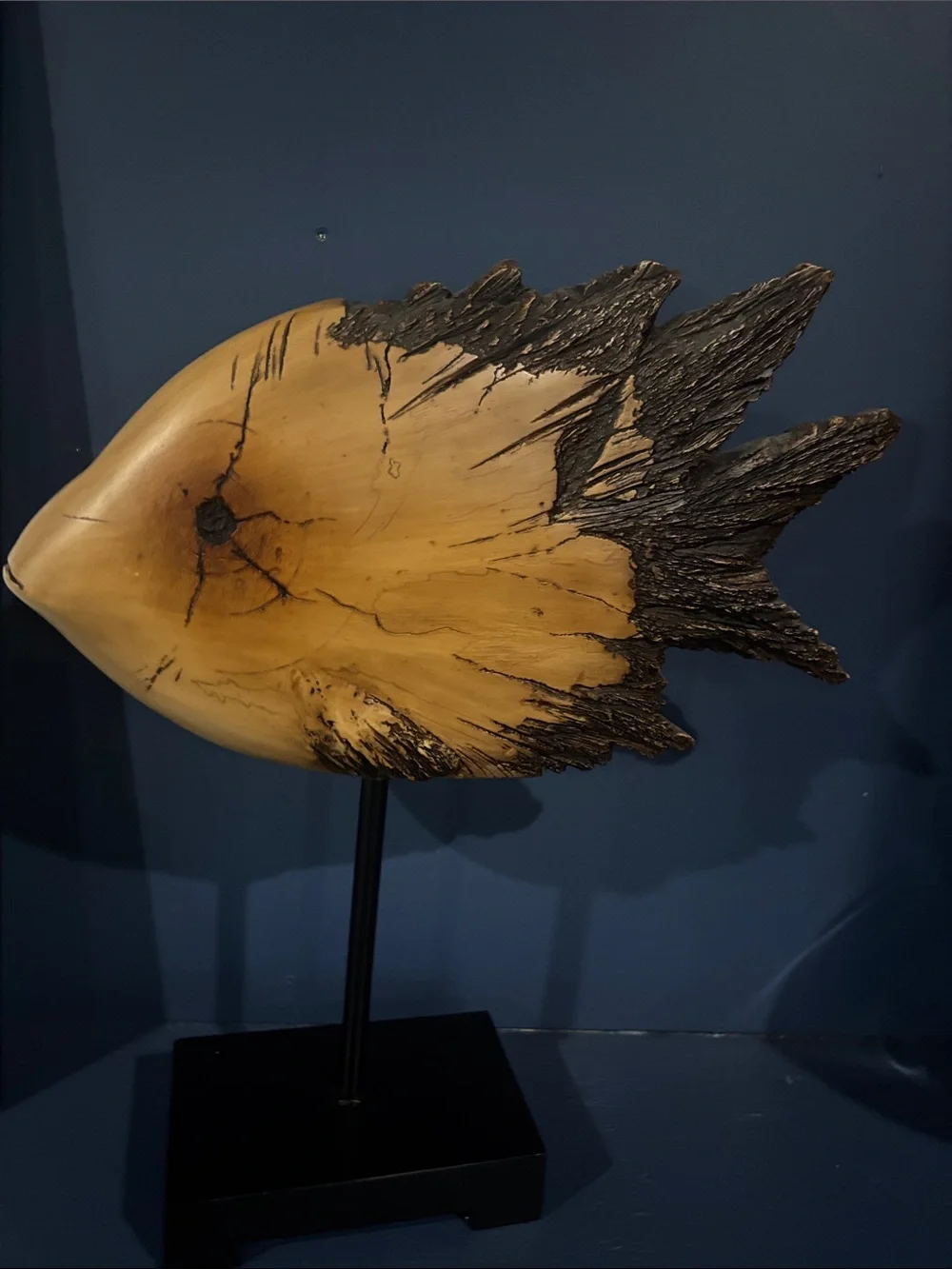 Handcrafted Wood Fish Sculpture - Natural Brown & Dark Charcoal